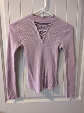 Ribbed Lace-Up Long-Sleeve Top - Light Mauve